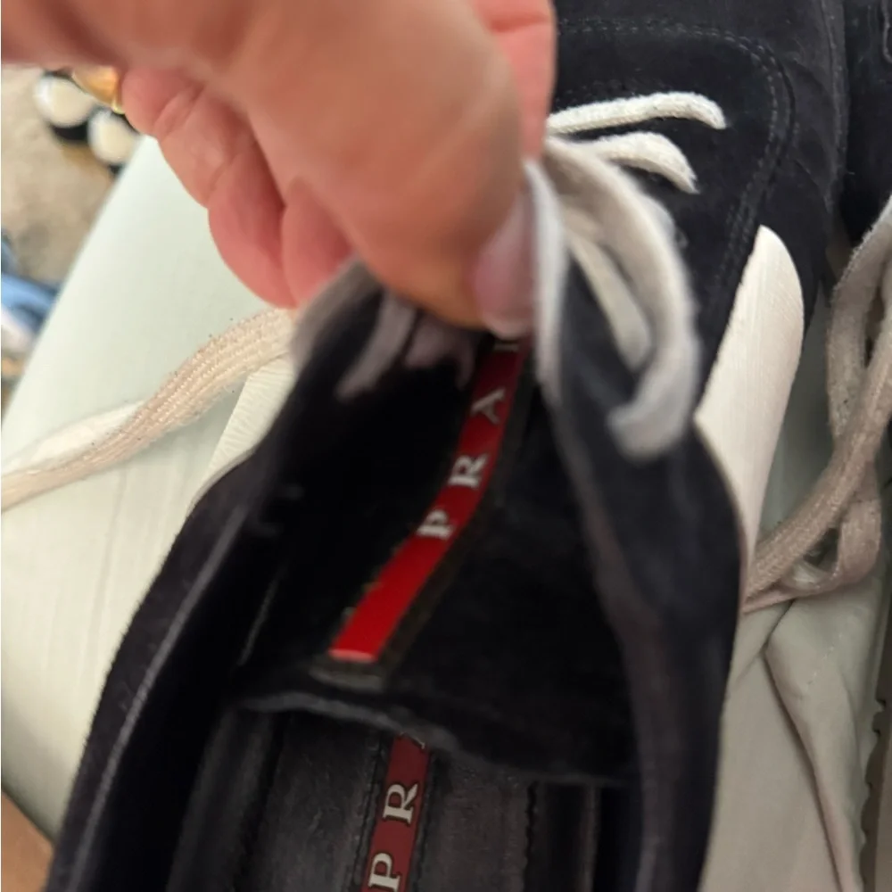 Prada Black White Suede Sneakers with Red Accents - Picture 7 of 9